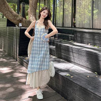 Vestido largo holgado Retro de verano para mujer, vestido con tirantes de dos piezas falso a cuadros para mujer - details 12