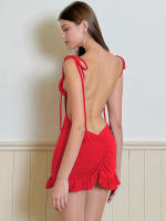 Vestido corto ajustado de verano, sexy, con tirantes finos, fruncido, espalda descubierta, lazo y volantes para mujer - details 5