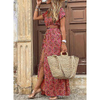 Vestido de playa con cinturón y diseño dividido para mujer, vestido de flores multicolor para vacaciones, fiesta nocturna - details 6
