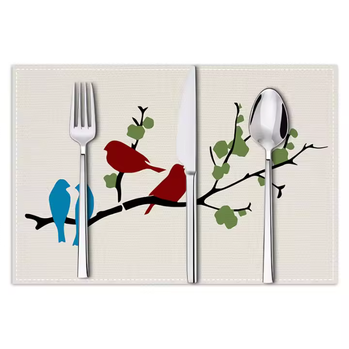 Mantel Individual de lino con flores y pájaros, decoración para sala de estar y comedor, posavasos de tela para el hogar, estera aislante impresa, 2025 - 1