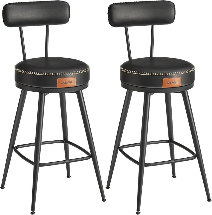 Juego de 2 Taburetes de Bar, Sillas Giratorias de Barra con Respaldo, Sintético con Costuras, Moderno Siglo Medio, Altura 76 cm, Barra Cocina, Negro Tinta LBC889B01 - 1