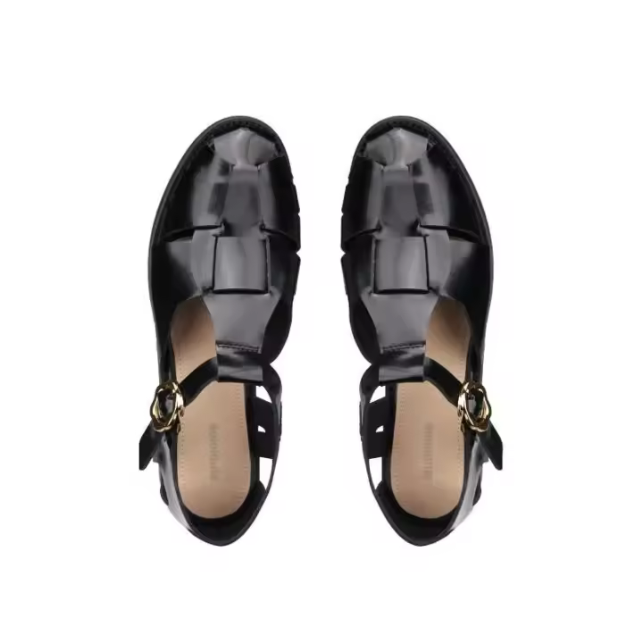 Tela Goma Hebilla Correa Tacones con pezuña Sandalias bajas Mujer Cuero Diapositivas de tacón bajo Ho - 1