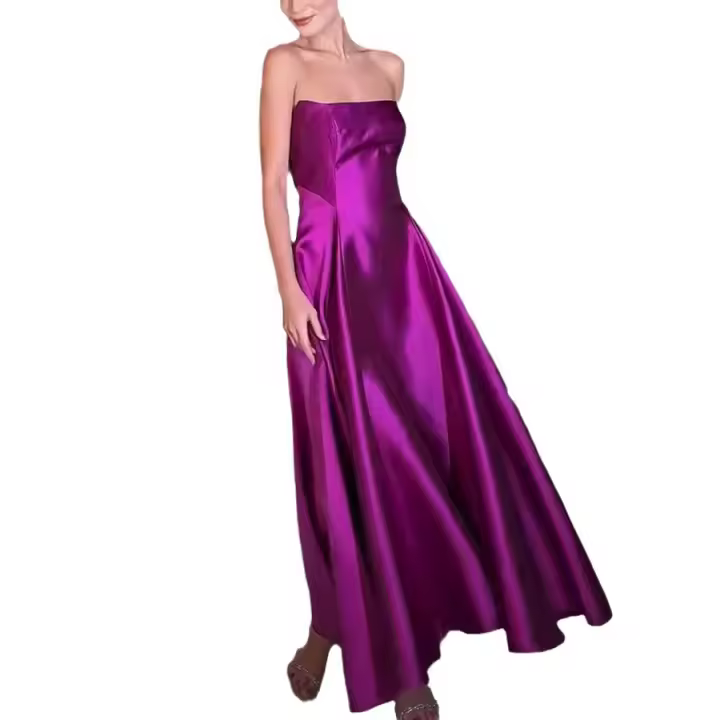 Vestido largo de fiesta elegante sin mangas de satén con volantes - 1