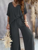 Conjunto de pantalones de pierna ancha holgados informales con manga de murciélago y cuello de 2025V para mujer - details 4
