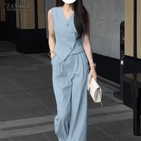 ZANZEA Conjunto De Verano Para Mujer 2 Piezas Top Irregular Y Pantalones De Pierna Ancha Moda Coreana Elegante Ropa De Oficina - details 1