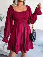 Vestido elegante de manga larga para mujer, falda de cuello cuadrado, de Color sólido vestido de volantes, moda de primavera y otoño - details 16