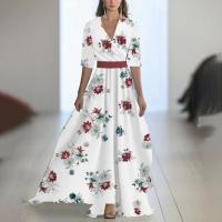 2025 Nueva ropa de mujer, vestido largo estampado con cuello con cuentas, azul - details 15