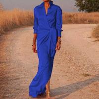 Casual Oficina solapa cuello en V Maxi primavera mujeres manga camisas sólidas vestido elegante señora encaje hasta Split vestidos largos delgados - details 5
