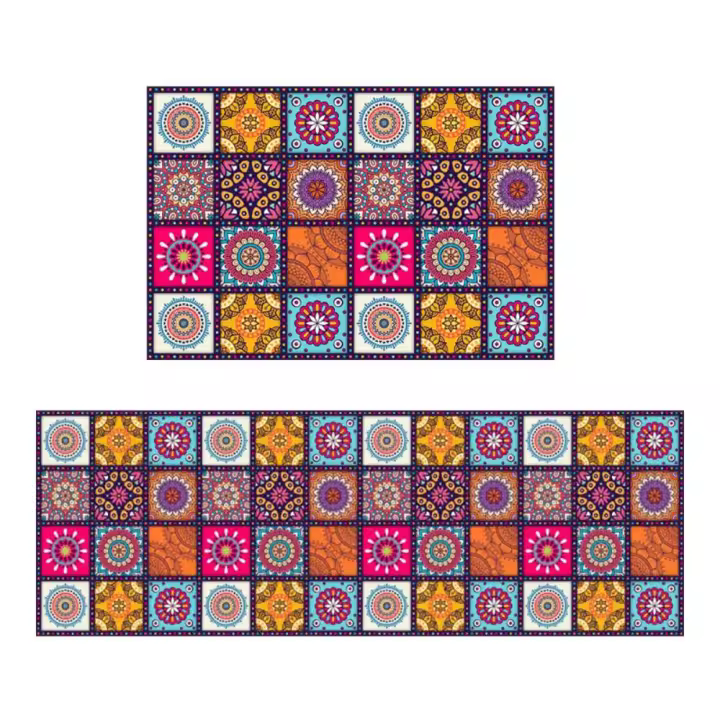 Alfombrilla de Mandala de estilo bohemio, alfombra antideslizante a cuadros suaves, Floral, rectangular, para cocina y sala de estar - 1