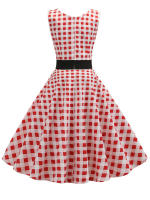 Polka dot plaid print vintage women summer retro 50s 60s party a line dress - details 9