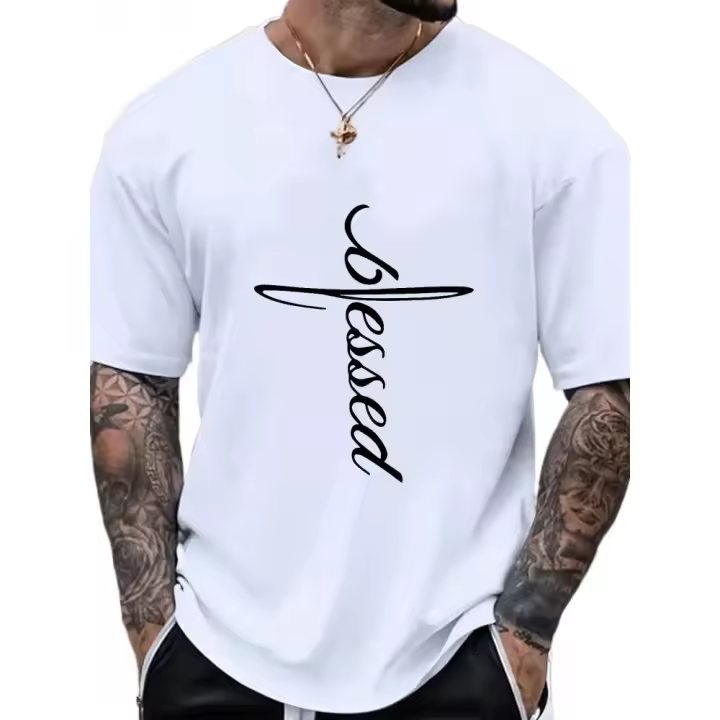 Camiseta de Algodón 100% Estilo Cruzado para Hombres Impresión Gráfica de Letra 'Bendecida' - 1