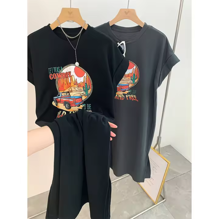 Camiseta de manga corta Retro americana para mujer, falda, vestido largo informal holgado de talla grande con abertura, novedad de verano 2025 - 1