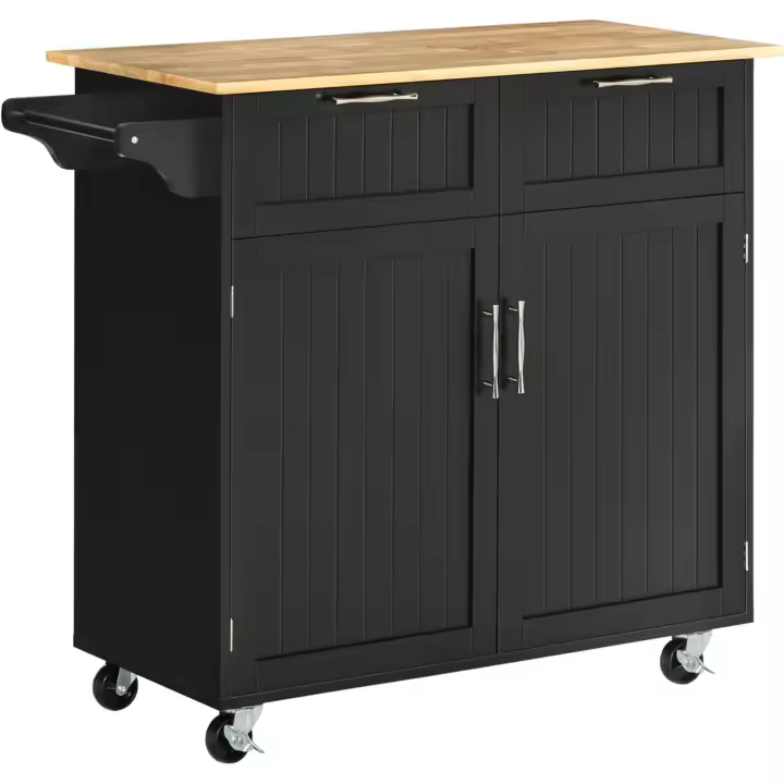 Cocina con ruedas, carrito de cocina, mueble auxiliar de cocina con 2 puertas, 2 cajones, toallero y estante ajustable para comedor/salón, 104x46x91 cm, negro - 1