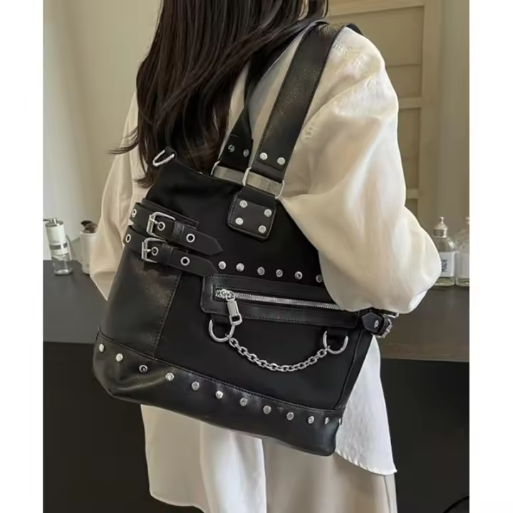 Bolso de hombro gótico de lona a la moda para mujer, bolso grande con remaches Y2k, bolso cruzado con asa superior, bolsos Punk - 1