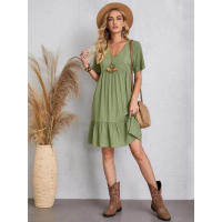 Vestido corto bohemio de verano para mujer, minivestido holgado de manga corta con cuello en V y volantes, informal - details 0