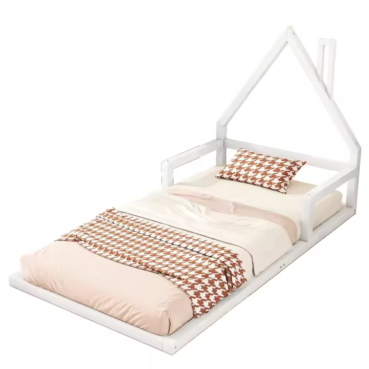 90*200cm(sin colchón) cama infantil, cama plana, forma de casa, pino macizo, forma sencilla, blanco - 1