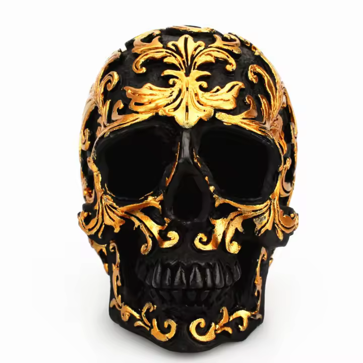 Adorno de calavera de flor de trompeta dorada, adorno de mesa de parodia de calavera negra de resina creativa, muebles para el hogar - 1