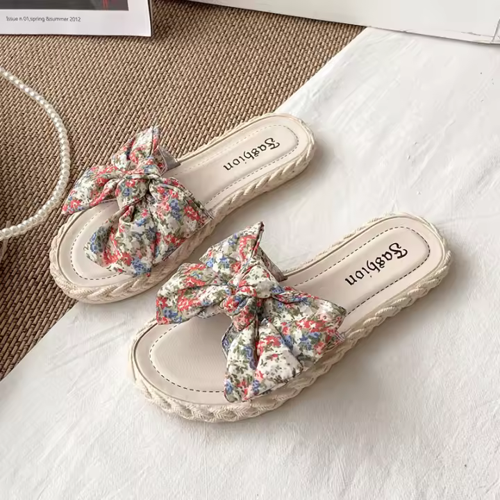 Zapatillas de Verano para Mujer Estilo de Hada Dulce Lazo Suela de Cuero Sintético - 1