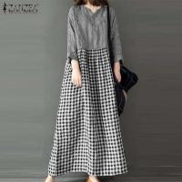 Vestidos a cuadros para mujer, vestido de manga larga suelto informal con estampado de malla de primavera, vestido elegante de verano para mujer - details 3