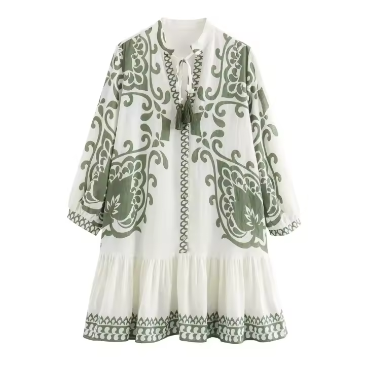 - Vestido de encaje con manga G y mini polo para mujer, estampado informal, estilo retro, verano - 1