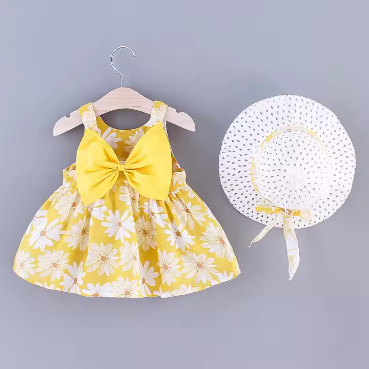 Conjunto de vestido y gorro de playa para niña, vestido de princesa con cuello halter, 2 piezas - 1