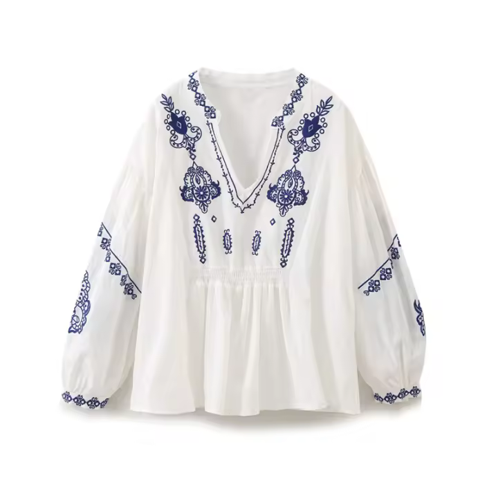 OUWU- Nueva Camisa Casual Bordada Elegante De Manga Larga Con Cuello En V Para Mujer En Primavera Y Verano De 2025 - 1