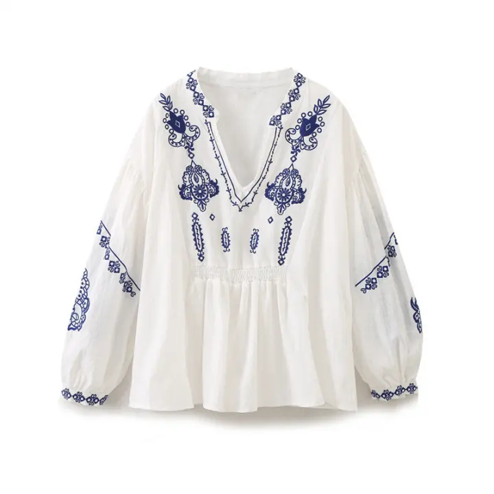 OUWU- Nueva Camisa Casual Bordada Elegante De Manga Larga Con Cuello En V Para Mujer En Primavera Y Verano De 2025 - 1
