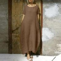 Vestido largo casual de verano para mujer, manga corta, cuello redondo TRE, bolsillos, largo hasta el tobillo - details 7