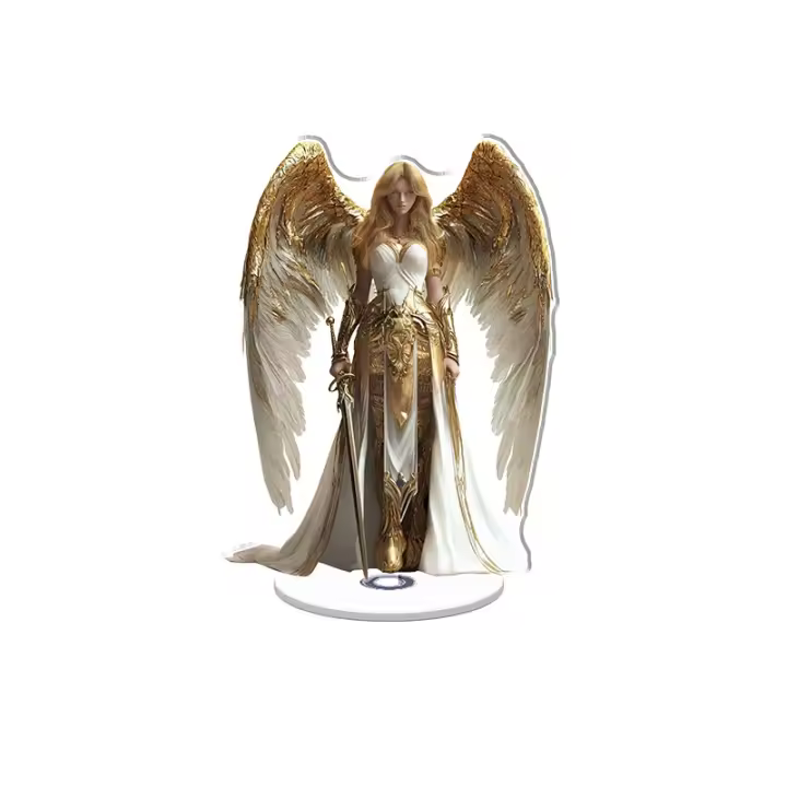 Expositor giratorio de acrílico de un majestuoso ángel con armadura dorada con detalles intrincados y efectos de iluminación volumétricos sobre fondo blanco - 1