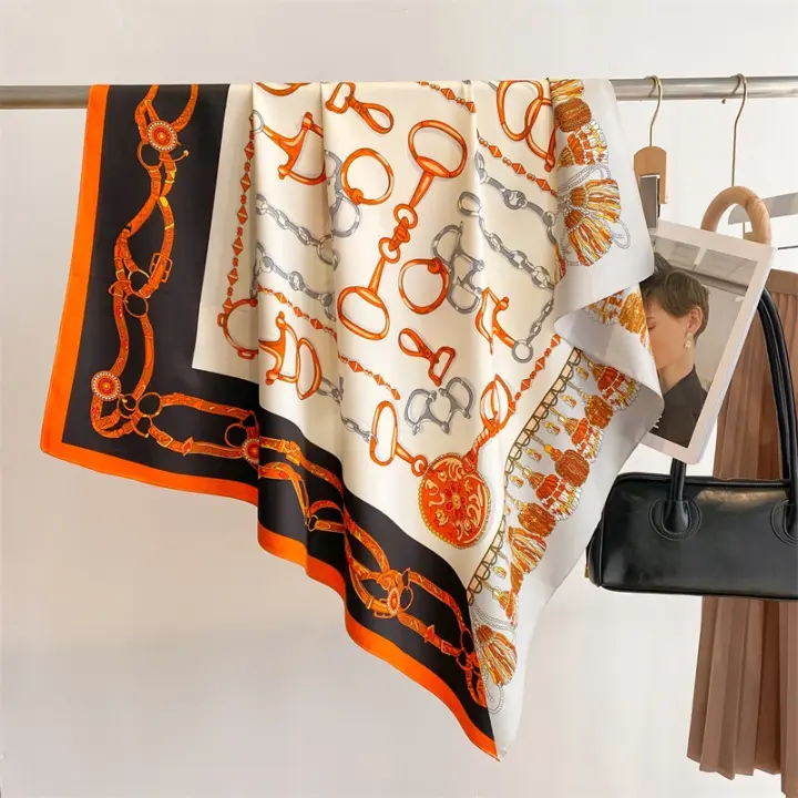 Bufanda cuadrada de seda para mujer, pañuelo suave de marca de lujo, Hijab, chal para el pelo, diadema, 90x90cm - 1