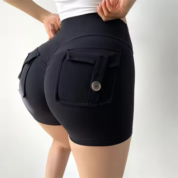Pantalones cortos deportivos de cintura alta con bolsillo, ropa de entrenamiento de Yoga, correr, entrenamiento, baile, levantamiento de cadera - 1