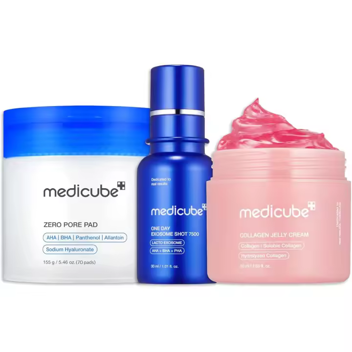 medicube Trío asequible para el cuidado de la textura y la textura: Pore Pads 2.0 Zero Exosome Shot 7,500 PPM Spicule Facial Serum y Collagen Jelly - 1