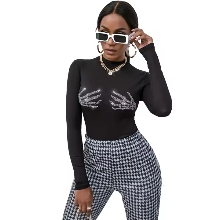 La nueva camiseta acanalada del punto, camiseta caliente del diamante del cráneo de la moda remata para las mujeres - 1