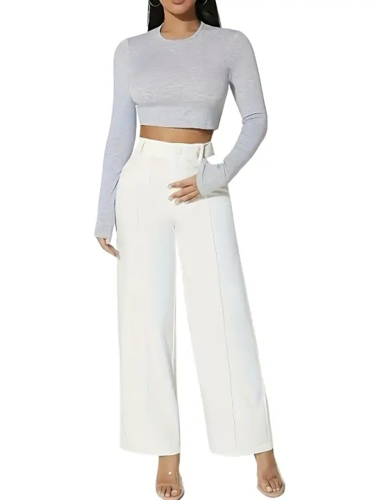 Pantalón recto para mujer, cintura alta, ropa blanca elegante y con estilo, pantalones de moda coreana. - 1