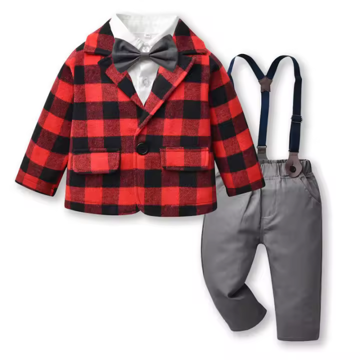 Conjunto de tres piezas para niños: blazer a cuadros, vestido tipo cárdigan de algodón de manga larga y pantalones con tirantes. - 1