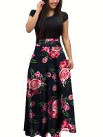 Vestido de manga corta a juego con estampado de flores de estilo europeo y americano para mujer, falda con vuelo grande, 2024 - details 14