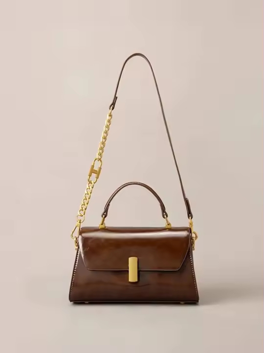 Hombro para mujer: bolso cruzado vintage de cuero encerado con cadena, elegante bolso cuadrado pequeño para las axilas para uso diario Mochila de lujo de alta gama - 1