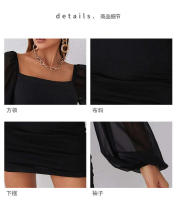Vestido ajustado elegante y sexy con cuello cuadrado, mangas largas abullonadas de retazos de malla y corte ajustado fruncido para mujer - details 2