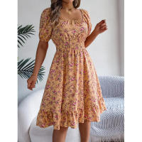 Primavera Verano 2025 Europeo y Americano Floral Cuello Cuadrado Manga Corta Cintura con Volantes Falda Línea A - details 9