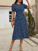 Vestido de mujer, novedad de verano 2025, vestido de longitud media acampanado a la moda con cintura alta y flores redondas para mujer - details 39