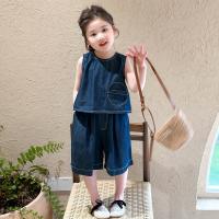 Conjunto de chaleco de mezclilla de verano para niños, nuevo conjunto de dos piezas de color sólido suelto y delgado informal para niña pequeña, ropa para niños - details 3