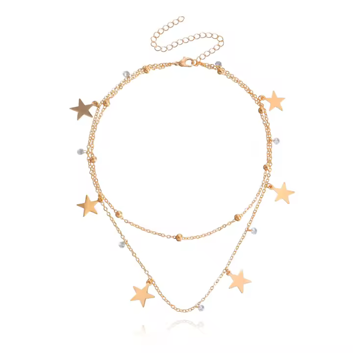 Cadena de clavícula de doble capa para mujer, collar con colgante de estrella de cinco puntas, collar de estilo metálico versátil - 1