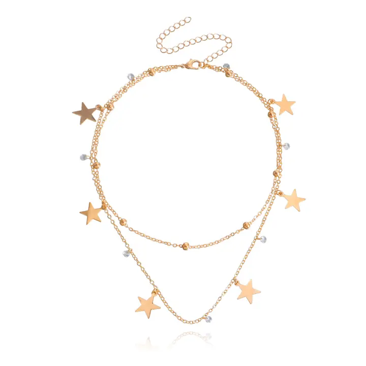 Cadena de clavícula de doble capa para mujer, collar con colgante de estrella de cinco puntas, collar de estilo metálico versátil - 1