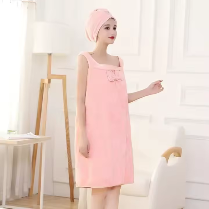 Bata de baño de secado rápido para mujer y niña, conjunto de 2 piezas, con tirantes de lana de Coral, gorro de ducha suave - 1