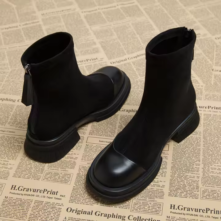 Botines ajustados de cuero súper calientes, estilo retro marrón con tacón grueso, de celebridad de internet. - 1