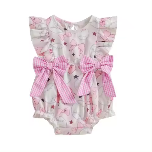 Mono de Verano sin Mangas para Bebé Niña Cuello Redondo Estampado de Béisbol con Lazo - 1