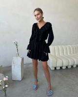 Elegante Vestido Mini de Cintura Alta con Encaje Manga Larga, Agujero en la Cintura, Lazo de Moda para Mujeres - details 18