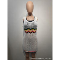 Vestido sin mangas calado de longitud media de punto arcoíris estilo bloque de color sin mangas para mujer - details 1