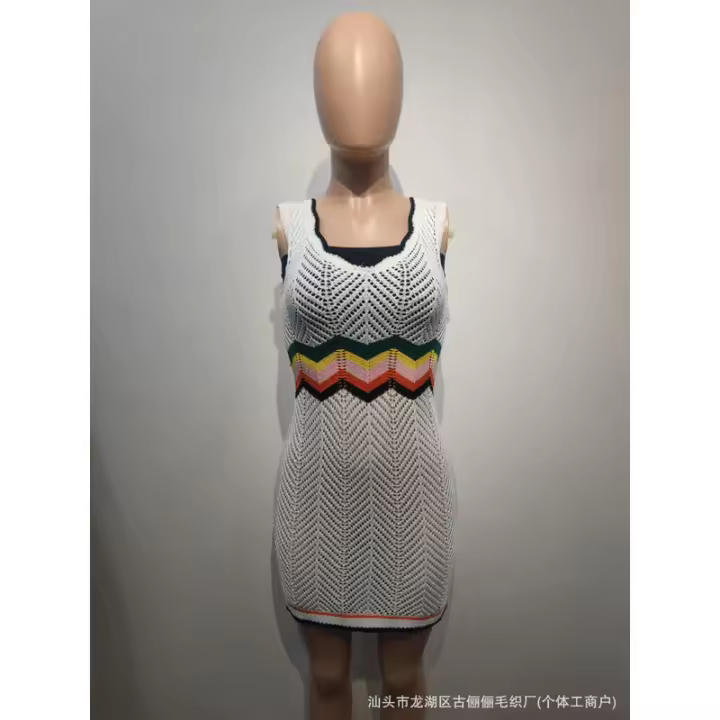 Vestido sin mangas calado de longitud media de punto arcoíris estilo bloque de color sin mangas para mujer - 1