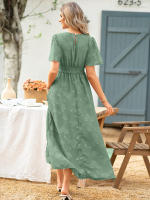 Vestido Maxi de Verano Elegante Cuello en V, Manga Abullonada, Cintura Alta, Encaje, Vestido de Moda para Mujeres con Abertura de Rodilla - details 11